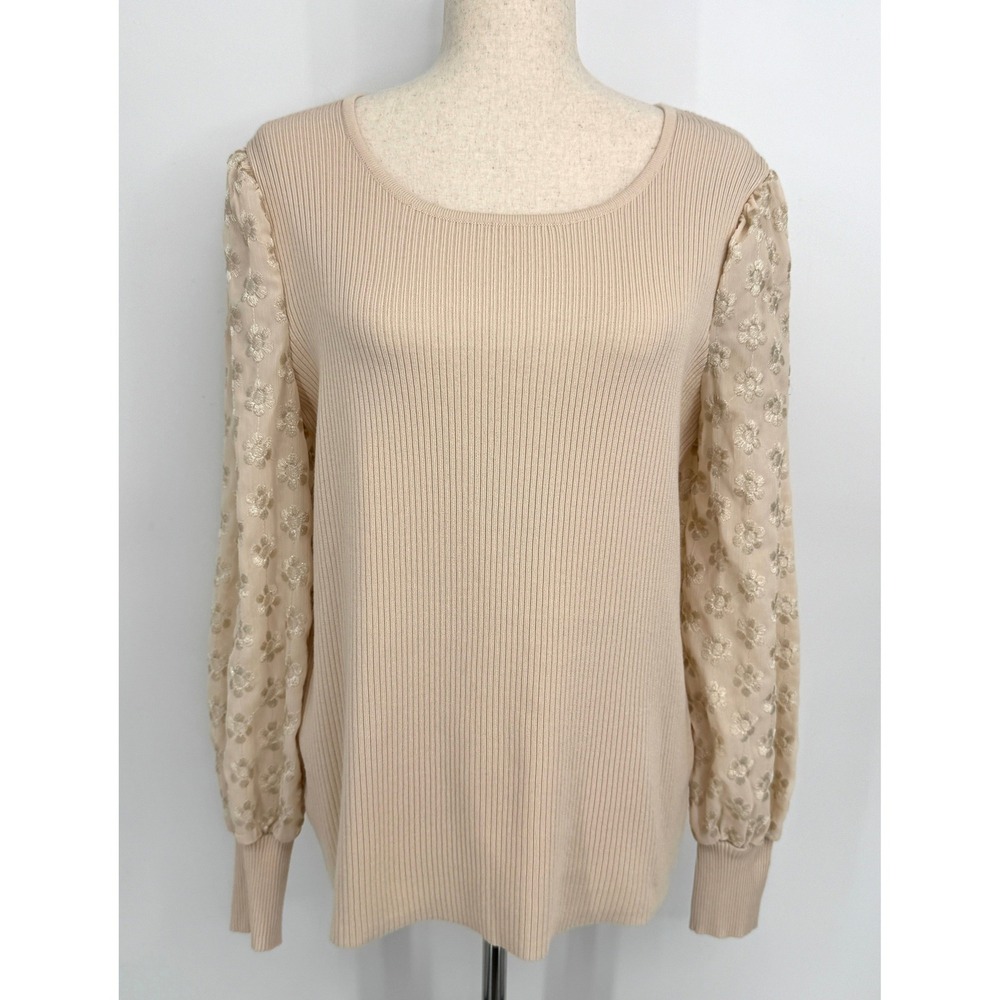 Cato Ribbed Knit Top XL Beige Floral Embroidered Sheer Puff Sleeve Coquette Boho